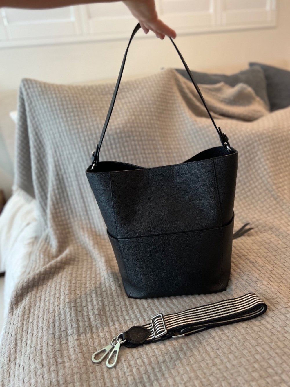 Rebecca Minkoff Black Leather Shoulder Bag with Striped Strap - Picture 6 of 12